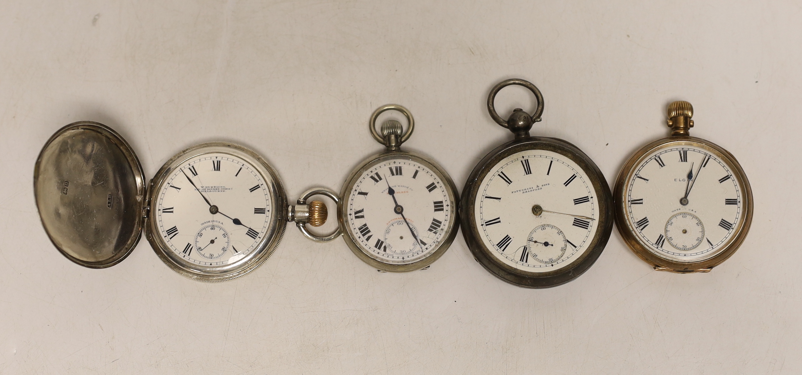 Four assorted pocket watches including gold plated Elgin and silver hunter retailed by Dunkling, Melbourne.